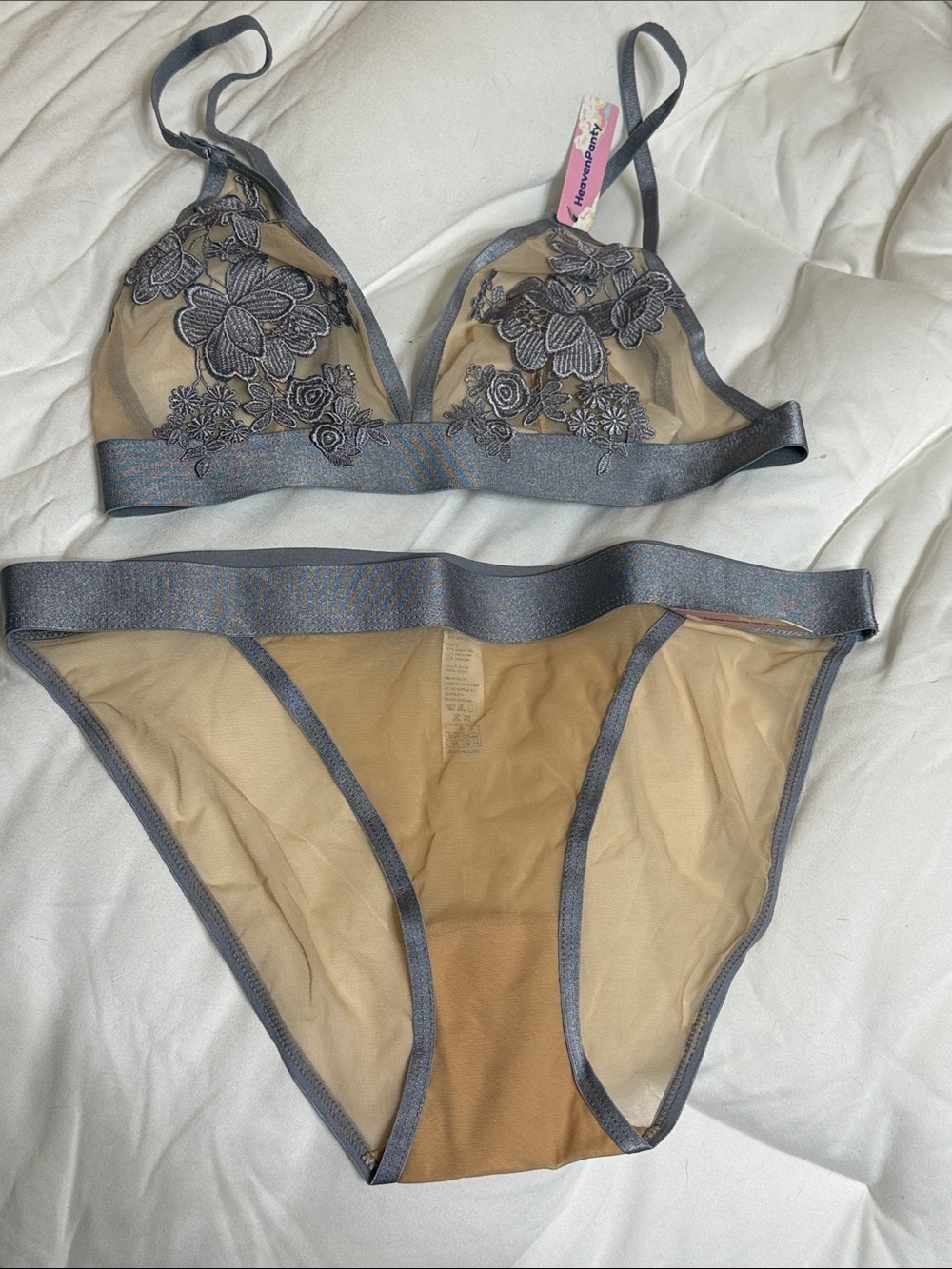 Sheer Floral Embroidered Bralette & Brief Set - Gray/Nude